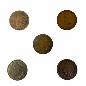 Lot of 5 Indian Head Cents – Circulated, Good Condition